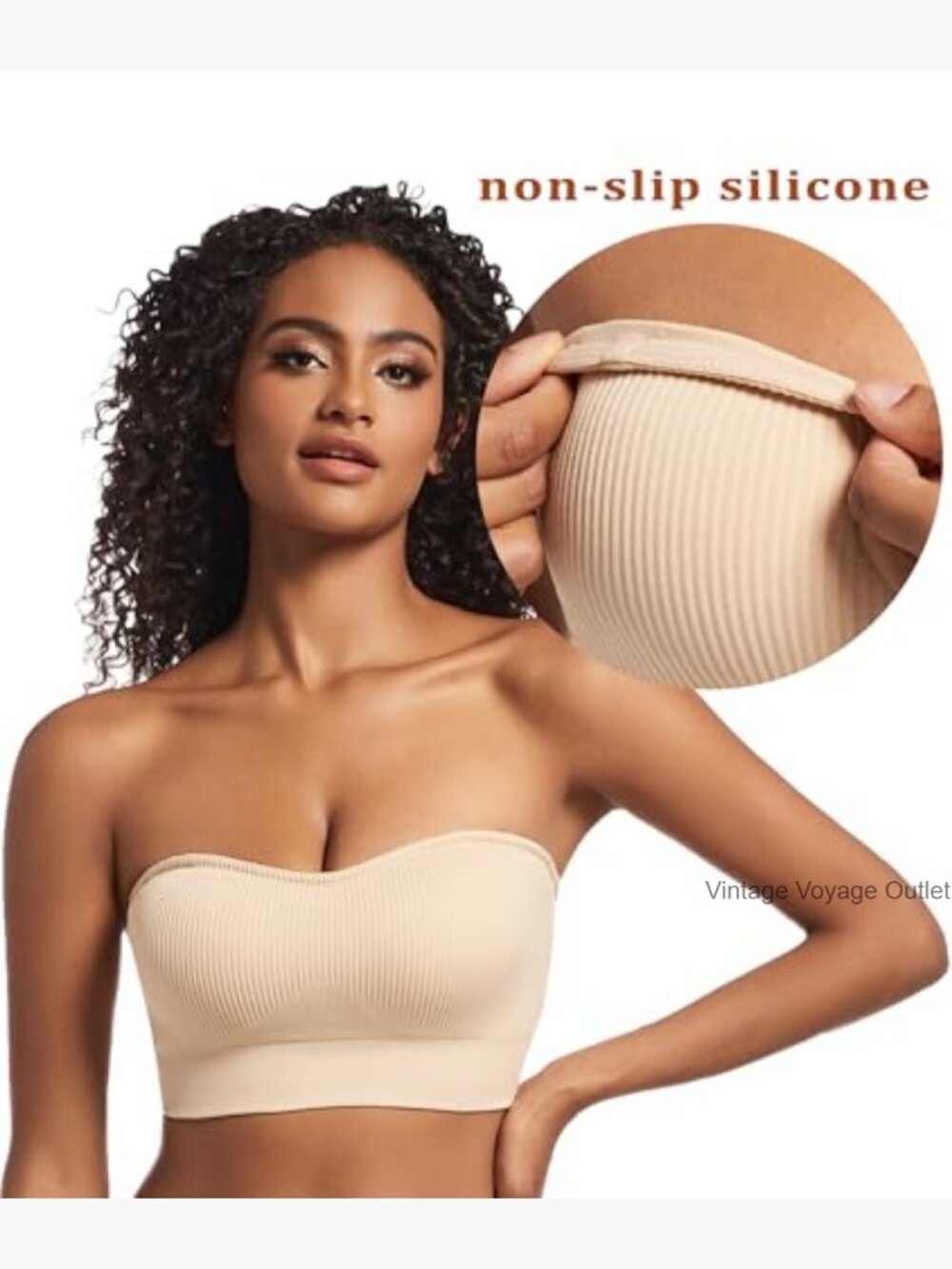 Strapless Bandeau Bra Ribbed Seamless Non-Slip Padded Wireless Tube Top Bra View 3